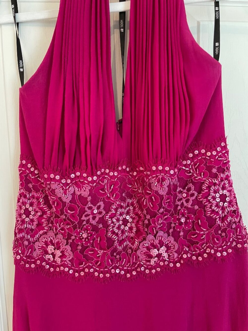 Tadashi Shoji Collection Pink Silk Halter Dress Beaded Sequin Lace Lined Fuchsia - Picture 4 of 7